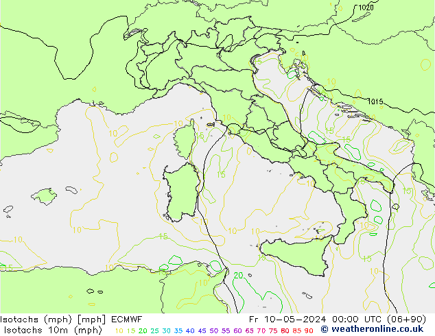 Isotachen (mph) ECMWF Fr 10.05.2024 00 UTC