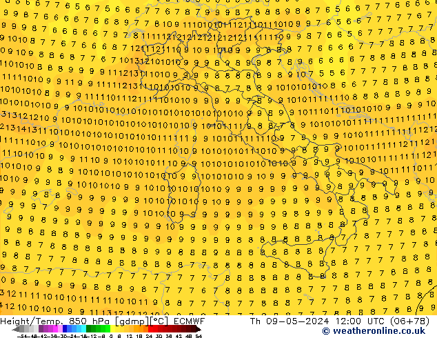 Z500/Rain (+SLP)/Z850 ECMWF gio 09.05.2024 12 UTC