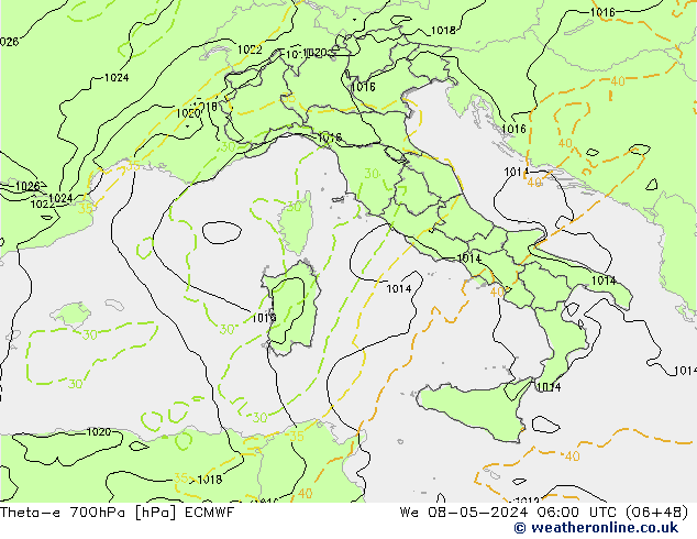 Theta-e 700hPa ECMWF mer 08.05.2024 06 UTC