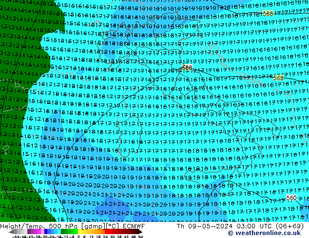 Height/Temp. 500 hPa ECMWF gio 09.05.2024 03 UTC