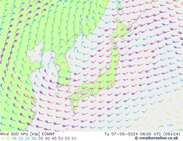 Wind 500 hPa ECMWF Út 07.05.2024 06 UTC