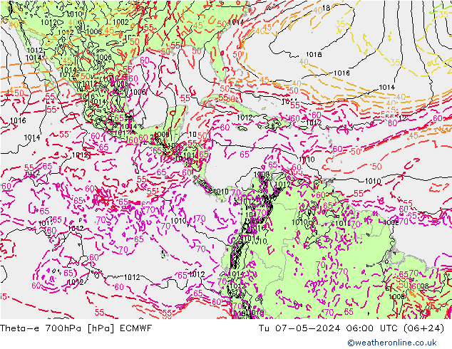 Theta-e 700hPa ECMWF Tu 07.05.2024 06 UTC
