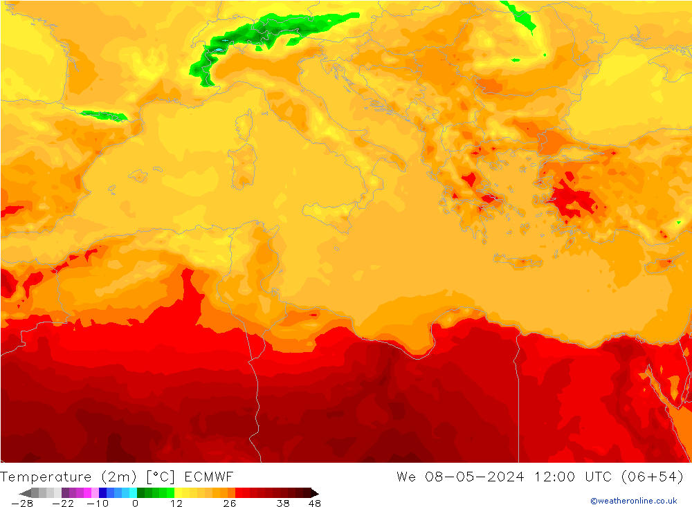 Temperature (2m) ECMWF We 08.05.2024 12 UTC