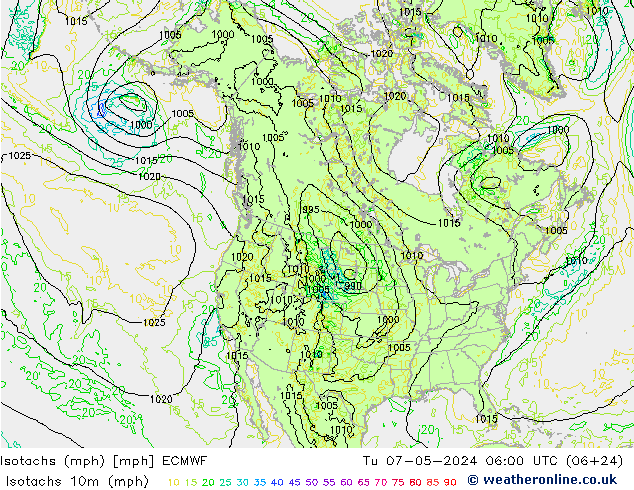 Isotachs (mph) ECMWF Tu 07.05.2024 06 UTC