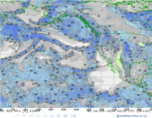 Humedad rel. 850hPa ECMWF lun 06.05.2024 06 UTC