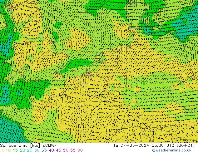 Surface wind ECMWF Út 07.05.2024 03 UTC