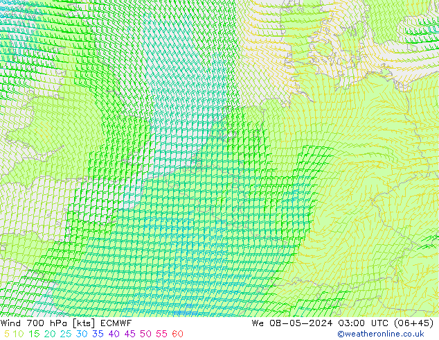 Wind 700 hPa ECMWF Mi 08.05.2024 03 UTC