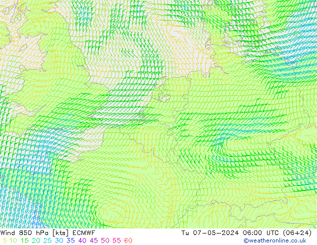 Wind 850 hPa ECMWF Út 07.05.2024 06 UTC