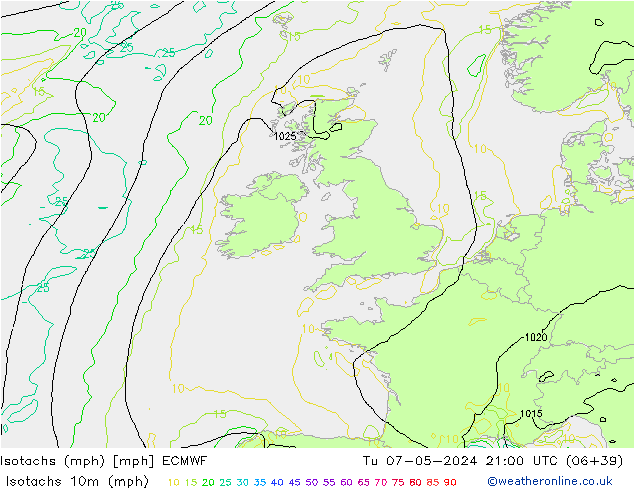 Isotachs (mph) ECMWF Tu 07.05.2024 21 UTC