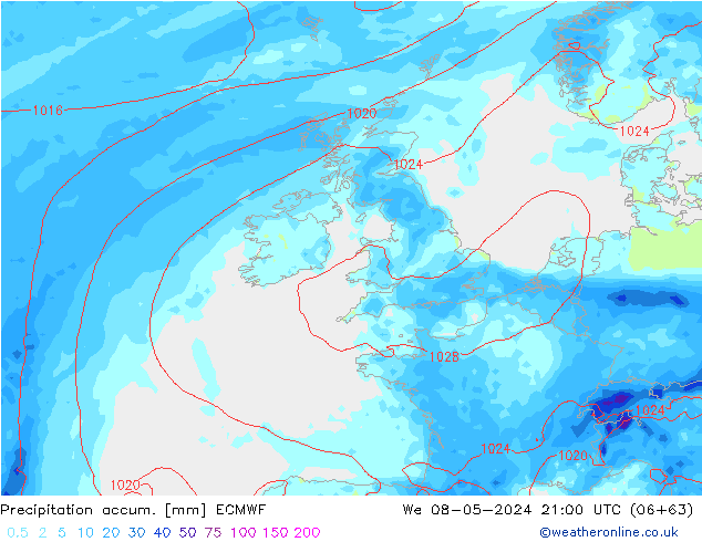Precipitation accum. ECMWF We 08.05.2024 21 UTC