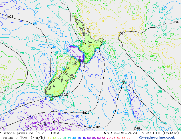 Isotachs (kph) ECMWF Mo 06.05.2024 12 UTC