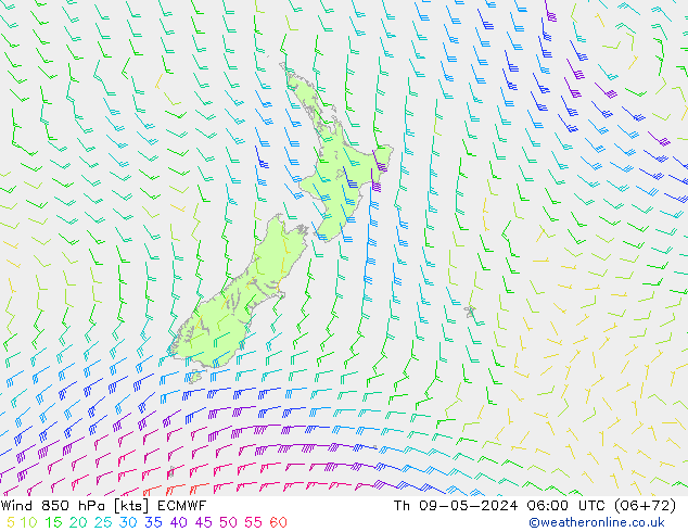 Vento 850 hPa ECMWF gio 09.05.2024 06 UTC