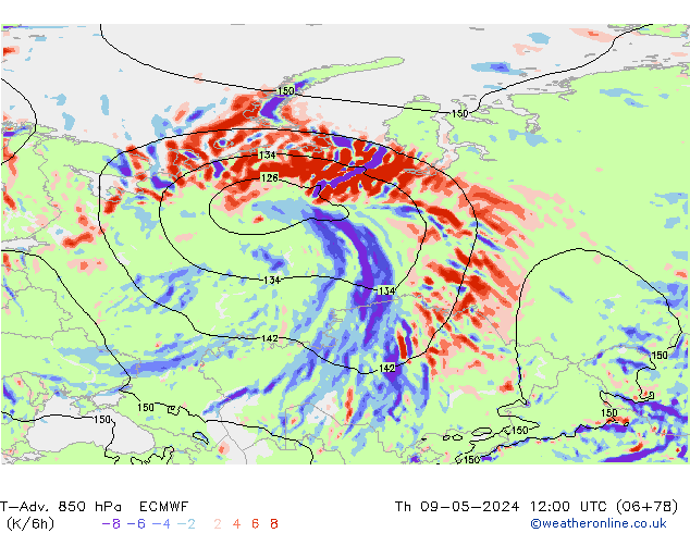 T-Adv. 850 hPa ECMWF Th 09.05.2024 12 UTC