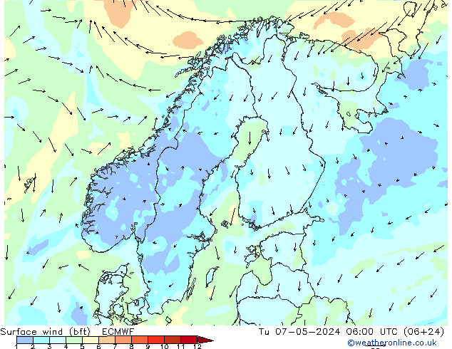 Wind 10 m (bft) ECMWF di 07.05.2024 06 UTC