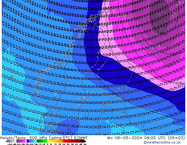 Height/Temp. 500 hPa ECMWF Mo 06.05.2024 09 UTC