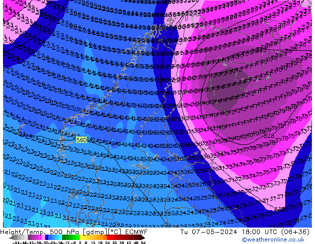 Z500/Rain (+SLP)/Z850 ECMWF  07.05.2024 18 UTC