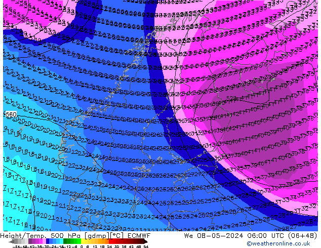 Z500/Rain (+SLP)/Z850 ECMWF Mi 08.05.2024 06 UTC