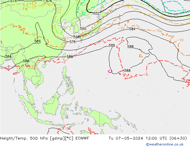 Z500/Rain (+SLP)/Z850 ECMWF Út 07.05.2024 12 UTC