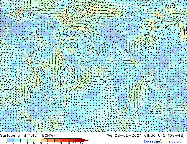 wiatr 10 m (bft) ECMWF śro. 08.05.2024 06 UTC