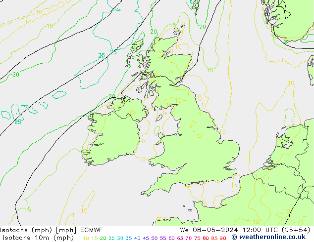 Isotachen (mph) ECMWF Mi 08.05.2024 12 UTC