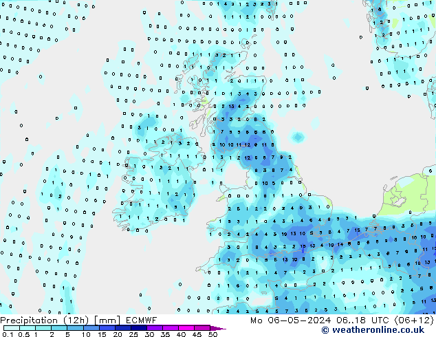 Totale neerslag (12h) ECMWF ma 06.05.2024 18 UTC