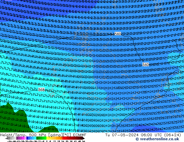 Z500/Rain (+SLP)/Z850 ECMWF Út 07.05.2024 06 UTC