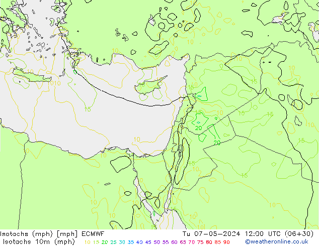 Izotacha (mph) ECMWF wto. 07.05.2024 12 UTC