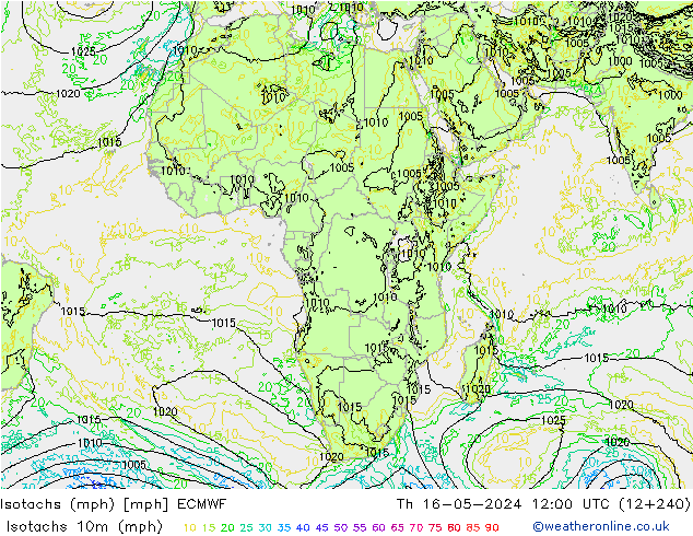 Isotachs (mph) ECMWF jeu 16.05.2024 12 UTC