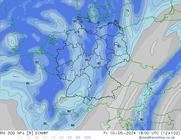 RH 300 hPa ECMWF Fr 10.05.2024 18 UTC