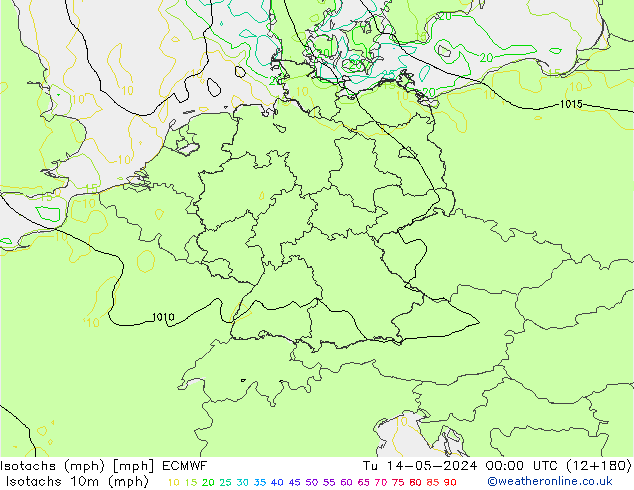 Isotachs (mph) ECMWF  14.05.2024 00 UTC
