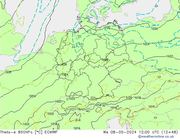 Theta-e 850hPa ECMWF Mi 08.05.2024 12 UTC