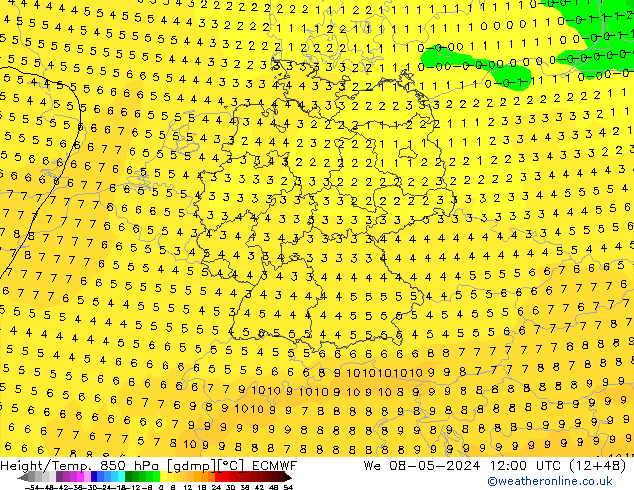 Z500/Rain (+SLP)/Z850 ECMWF Mi 08.05.2024 12 UTC