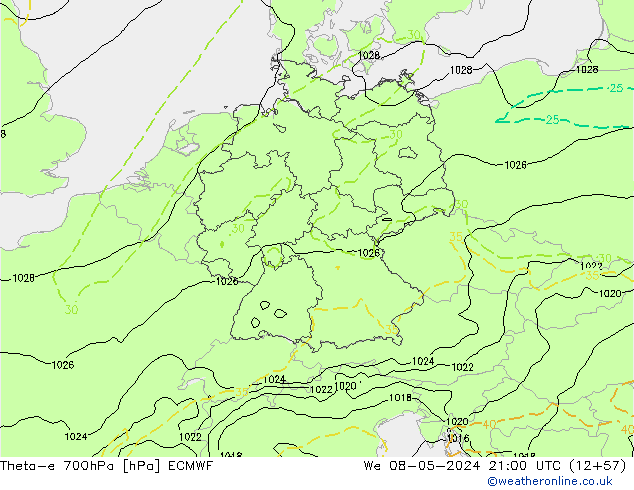 Theta-e 700hPa ECMWF St 08.05.2024 21 UTC