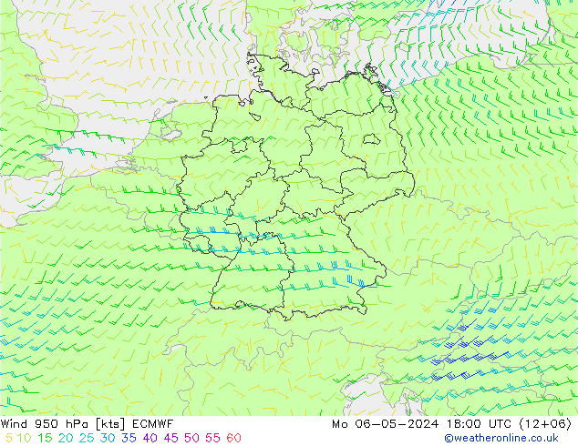 Prec 6h/Wind 10m/950 ECMWF pon. 06.05.2024 18 UTC