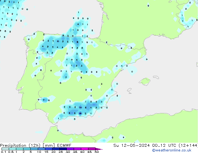 Totale neerslag (12h) ECMWF zo 12.05.2024 12 UTC