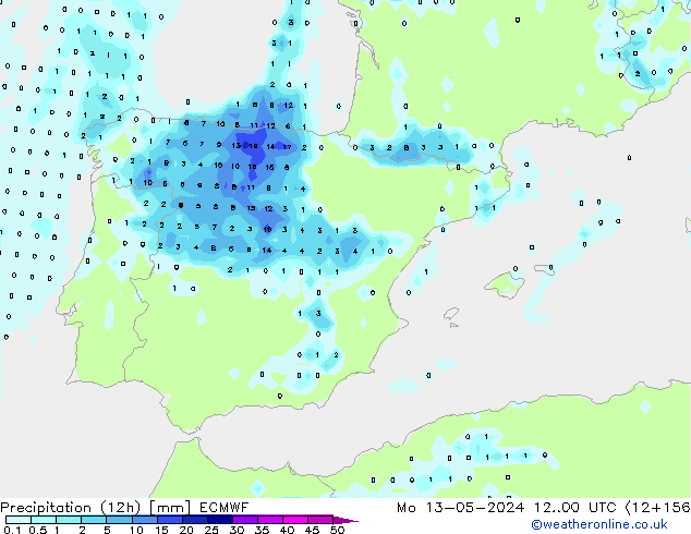 Precipitation (12h) ECMWF Mo 13.05.2024 00 UTC