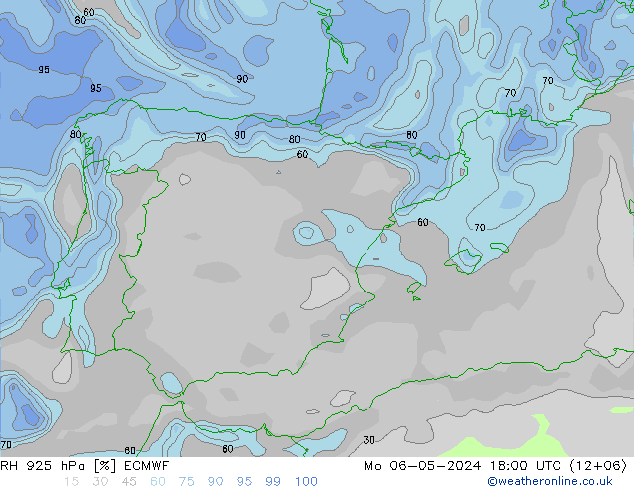 Humedad rel. 925hPa ECMWF lun 06.05.2024 18 UTC