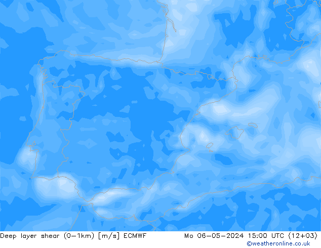 Deep layer shear (0-1km) ECMWF Mo 06.05.2024 15 UTC