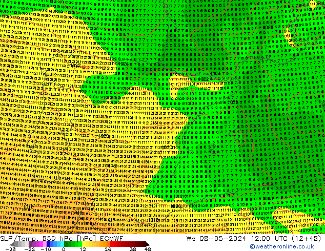 SLP/Temp. 850 гПа ECMWF ср 08.05.2024 12 UTC