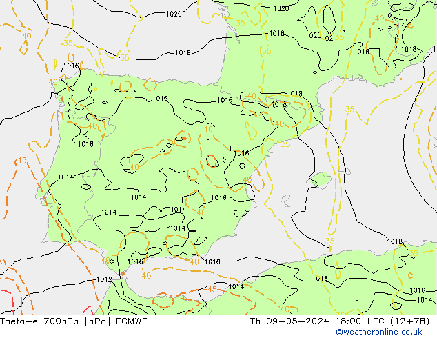 Theta-e 700hPa ECMWF jue 09.05.2024 18 UTC