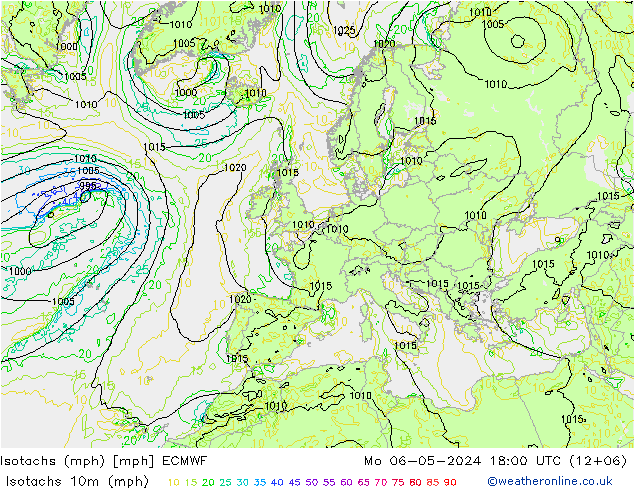Isotachs (mph) ECMWF пн 06.05.2024 18 UTC