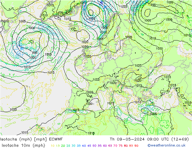 Isotachs (mph) ECMWF Th 09.05.2024 09 UTC