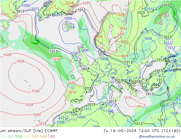 Jet stream/SLP ECMWF Tu 14.05.2024 12 UTC