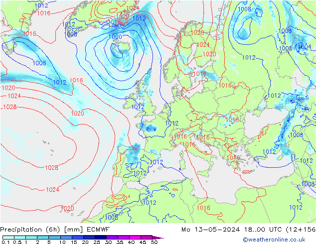 Z500/Rain (+SLP)/Z850 ECMWF lun 13.05.2024 00 UTC