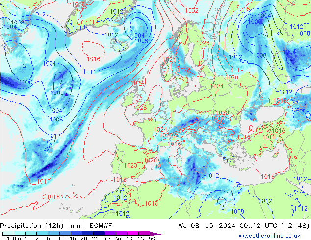 Totale neerslag (12h) ECMWF wo 08.05.2024 12 UTC