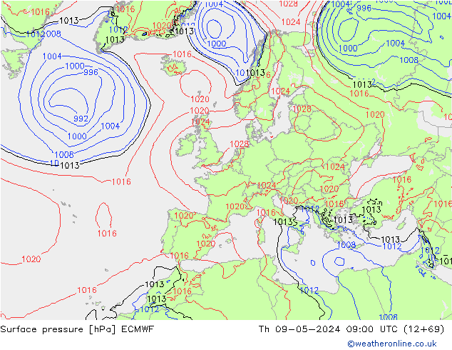 Atmosférický tlak ECMWF Čt 09.05.2024 09 UTC