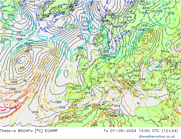 Theta-e 850hPa ECMWF Di 07.05.2024 12 UTC