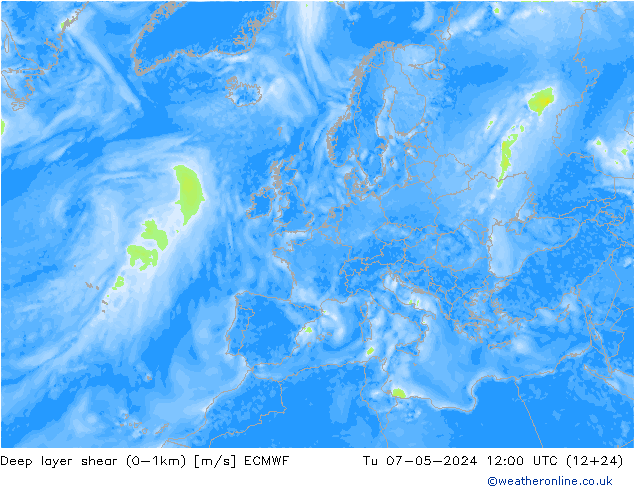 Deep layer shear (0-1km) ECMWF di 07.05.2024 12 UTC