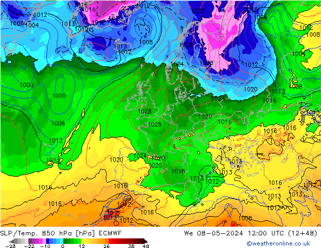 SLP/Temp. 850 hPa ECMWF Mi 08.05.2024 12 UTC