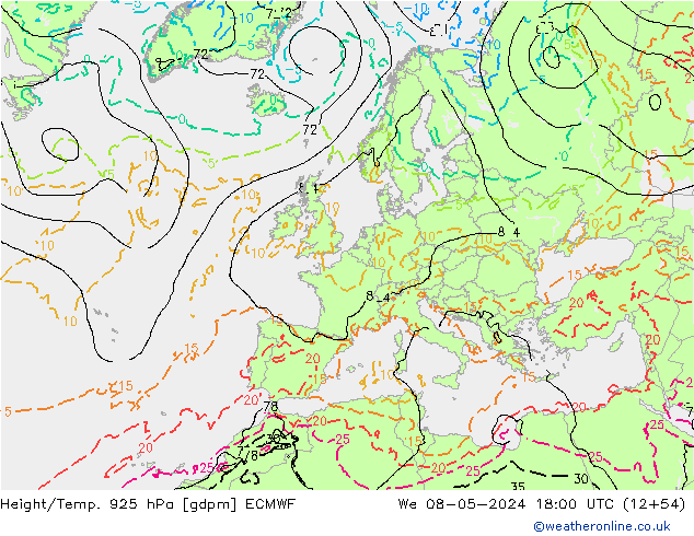 Height/Temp. 925 hPa ECMWF Mi 08.05.2024 18 UTC